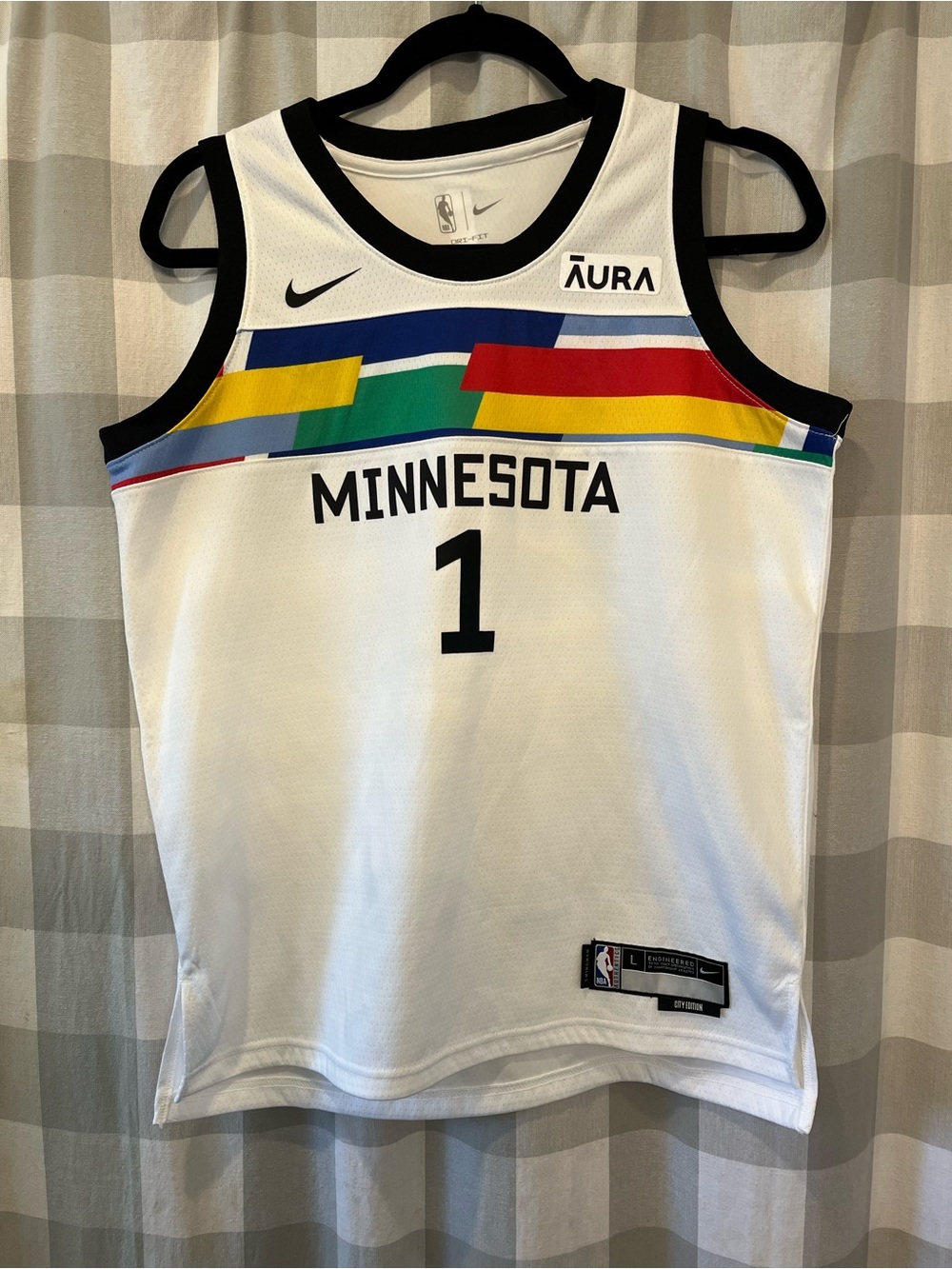 Nike White Minnesota Basketball Jersey with Multicolor Chest Stripes